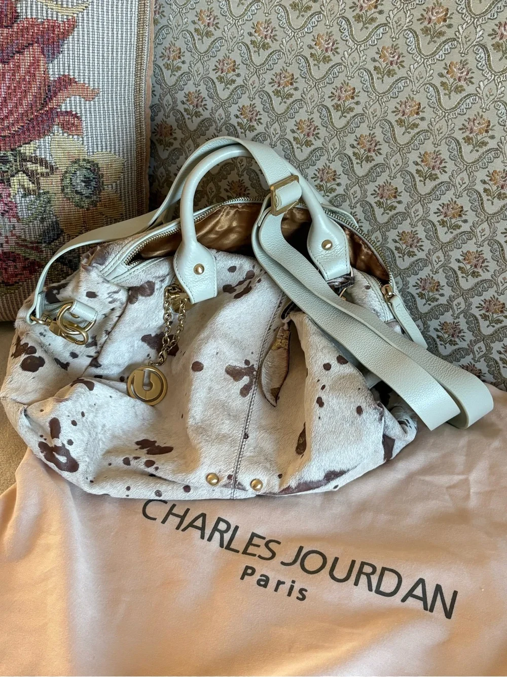Charles Jourdan White and Brown Cowhide Shoulder Satchel